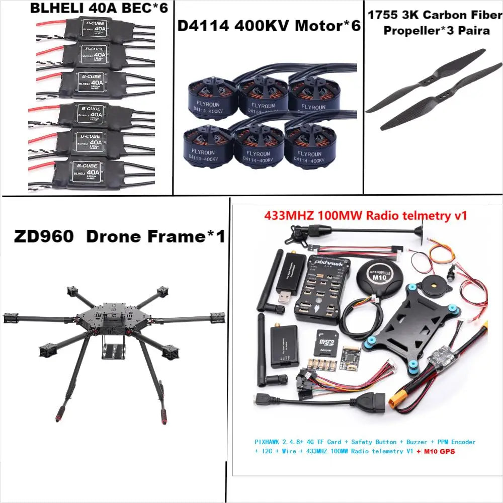 ZD960 PIXHAWK2.4.8 M10 Full Carbon Fiber Hexa-Rotor Frame BLHELI 40A ESC Flight Comtrol Rado Telemetry Set
