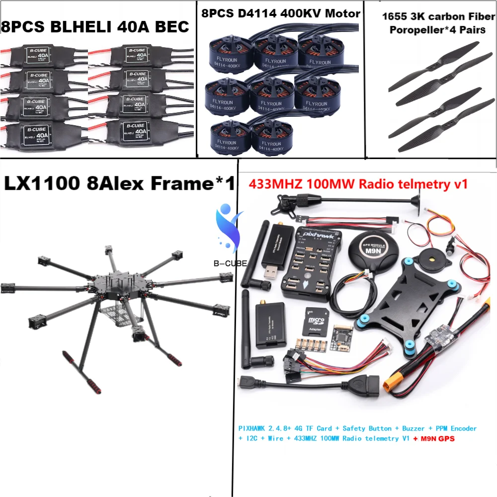B-CUBE LX1100 Полностью карбоновая рама 1100 мм Octa-Rotor BLHELI 40A ESC PX4 Pixhawk 2.4.8 M9N Flight Control Set D4114 Motor