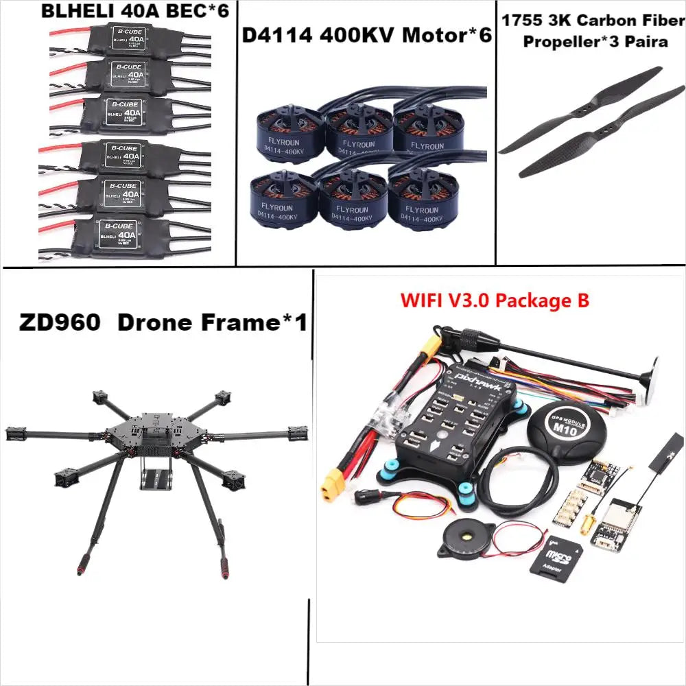 ZD960 PIXHAWK2.4.8 M10 Full Carbon Fiber Hexa-Rotor Frame BLHELI 40A ESC Flight Comtrol Rado Telemetry Set