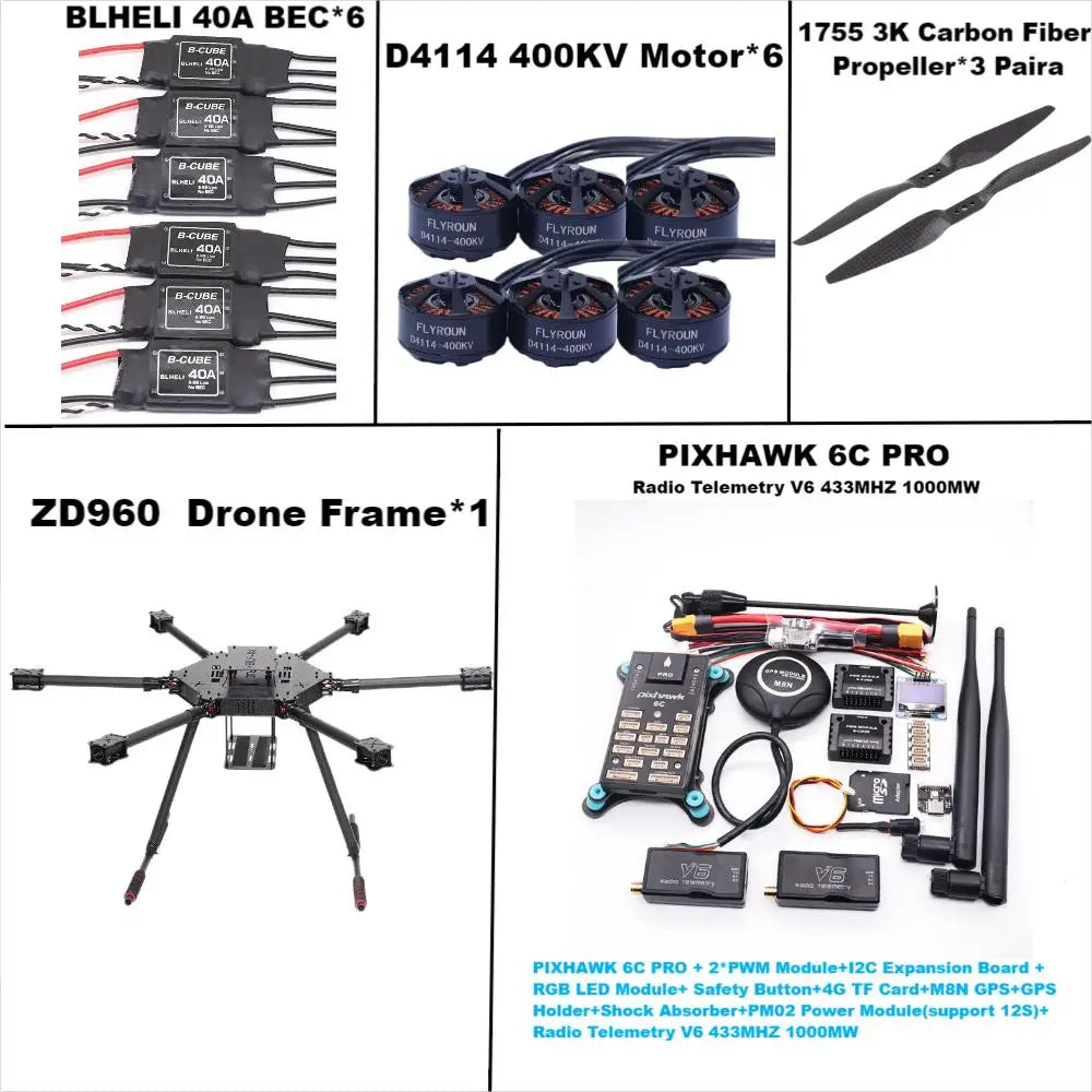 ZD960 PIXHAWK 6C PRO M8N Full Carbon Fiber Hexa-Rotor Frame BLHELI 40A ESC Flight Comtrol Rado Telemetry Set