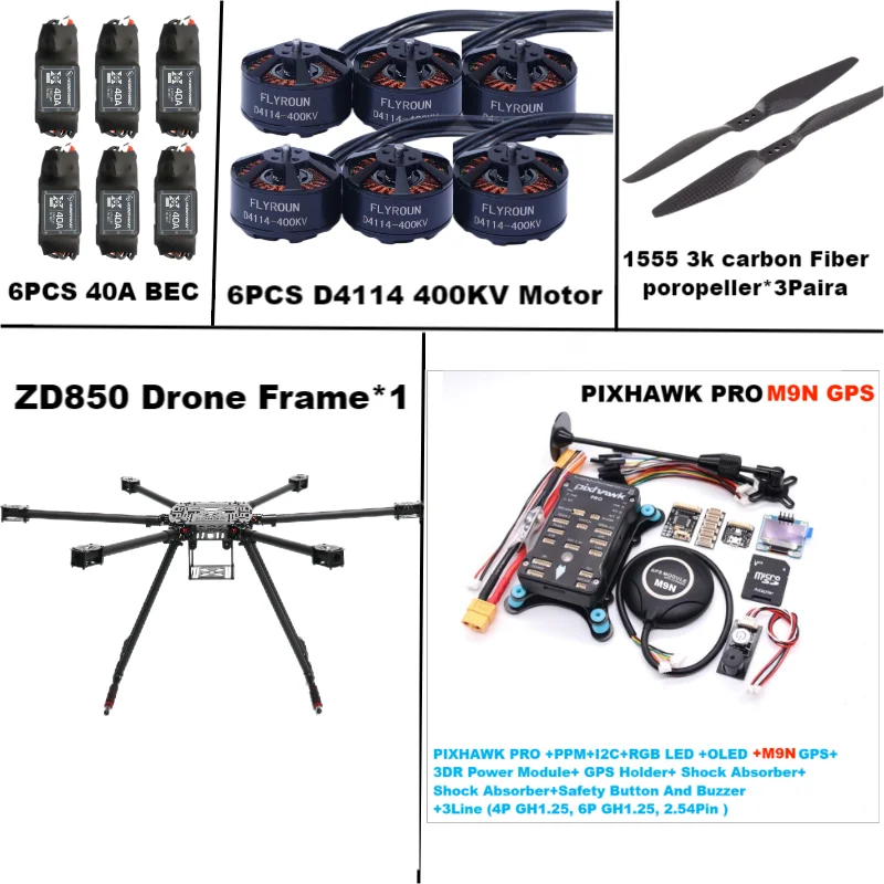 ZD850 PRO M9N Full Carbon Fiber 850mm Hexa-Rotor Frame BLHELI 40A ESC PIXHAWK Flight Comtrol Rado Telemetry Set