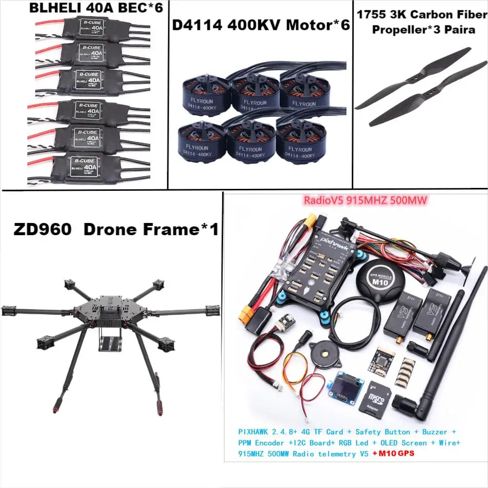 ZD960 PIXHAWK2.4.8 M10 Full Carbon Fiber Hexa-Rotor Frame BLHELI 40A ESC Flight Comtrol Rado Telemetry Set