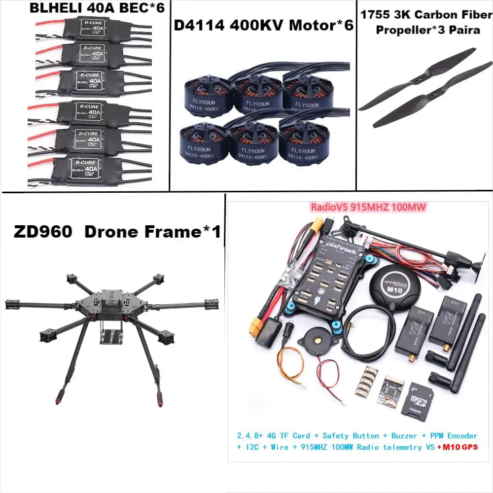 ZD960 PIXHAWK2.4.8 M10 Full Carbon Fiber Hexa-Rotor Frame BLHELI 40A ESC Flight Comtrol Rado Telemetry Set