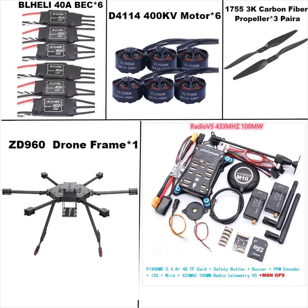 ZD960 PIXHAWK2.4.8 M10 Full Carbon Fiber Hexa-Rotor Frame BLHELI 40A ESC Flight Comtrol Rado Telemetry Set