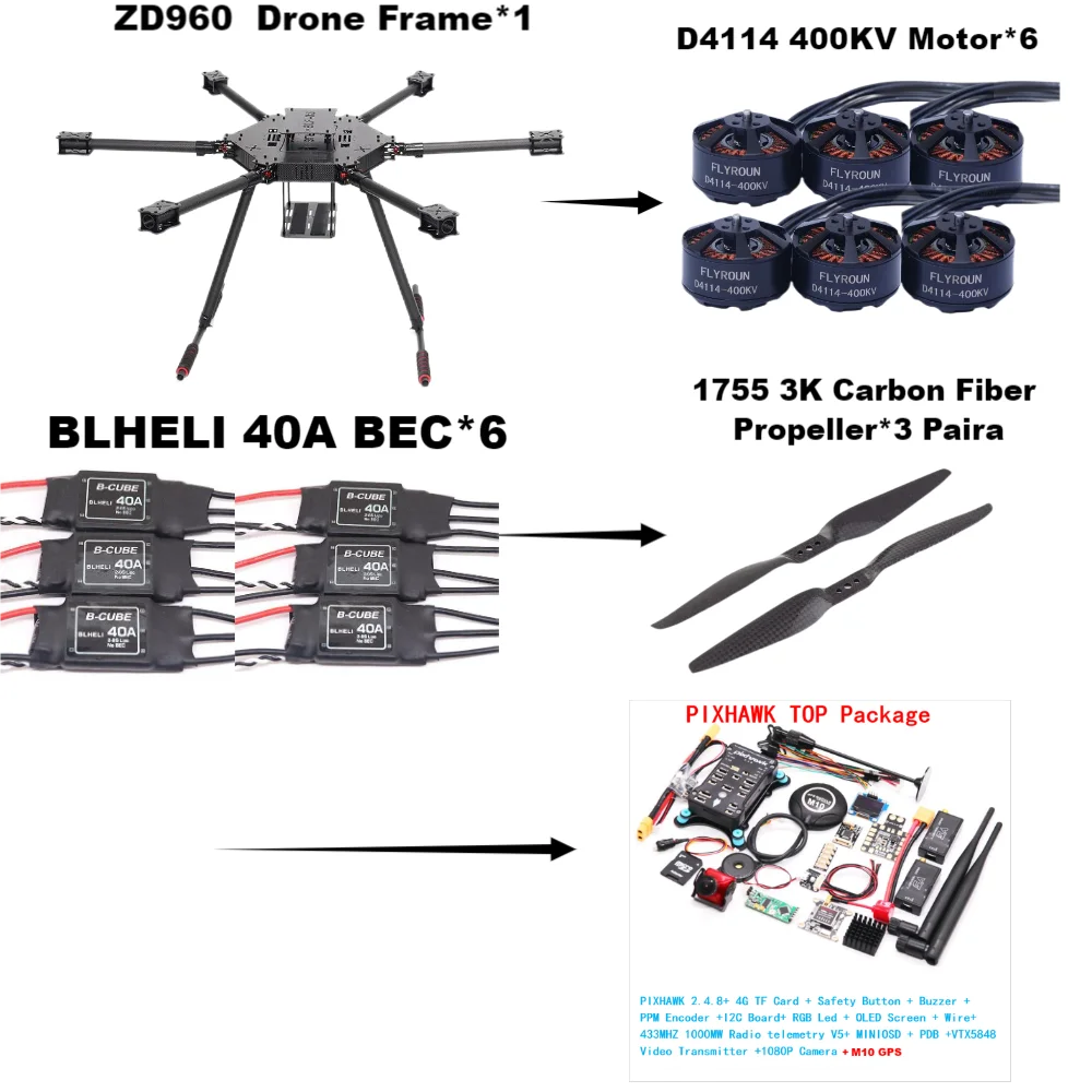 ZD960 PIXHAWK2.4.8 M10 Full Carbon Fiber Hexa-Rotor Frame BLHELI 40A ESC Flight Comtrol Rado Telemetry Set