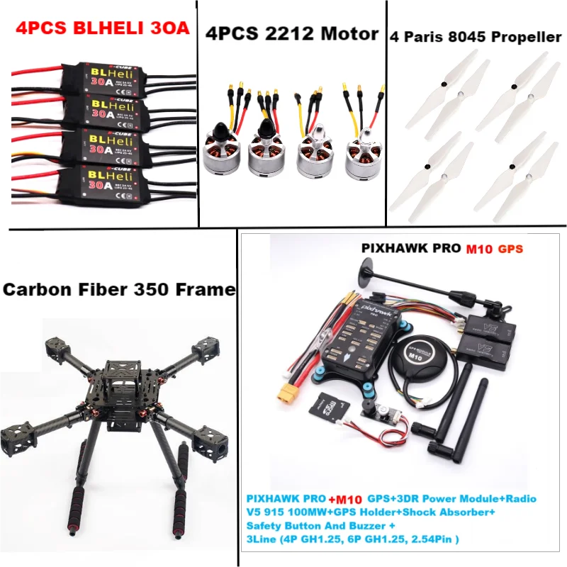 B-CUBE Carbon Fiber 350 PIXHAWK PRO M10 KitFlight Control Ardupilot Radio Telemetry Quadcopter BLHELI 30A 2212 Motor ESC