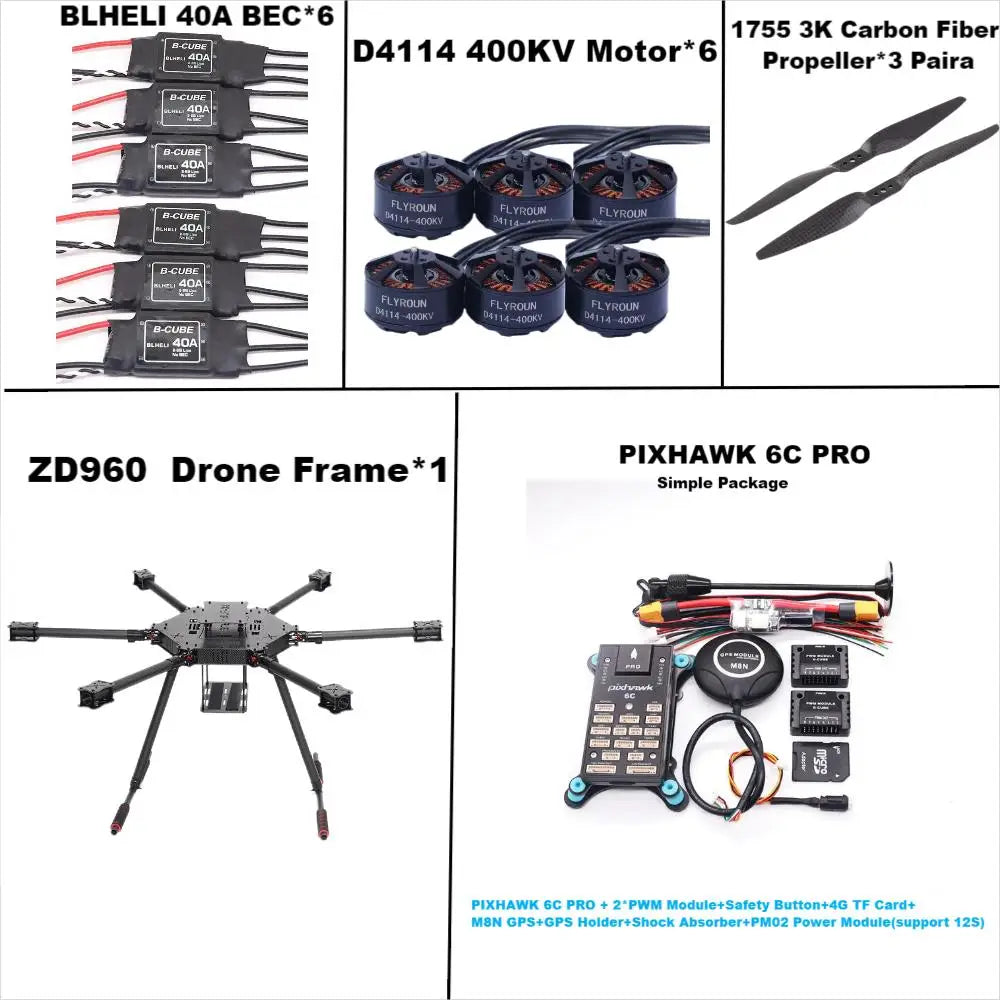 ZD960 PIXHAWK 6C PRO M8N Full Carbon Fiber Hexa-Rotor Frame BLHELI 40A ESC Flight Comtrol Rado Telemetry Set