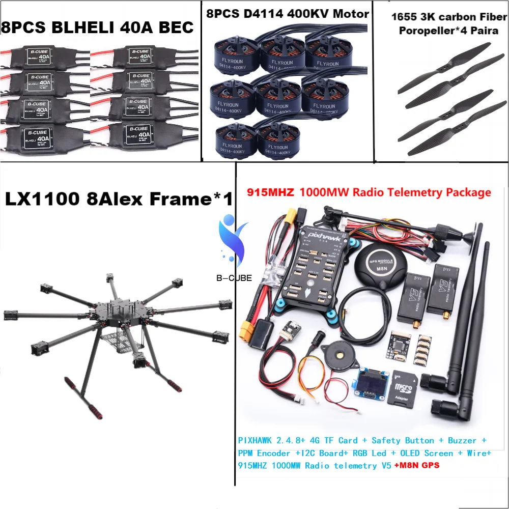 LX1100 Full Carbon Fiber 1100mm Octa-Rotor Frame BLHELI 40A ESC PX4 Pixhawk 2.4.8 M8N Flight Comtrol Set D4114 Motor