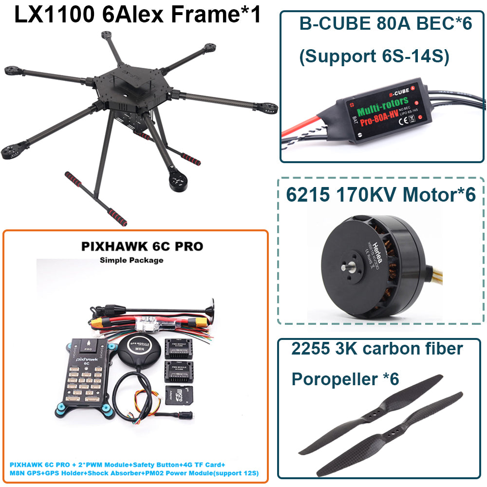 LX1100 6C PRO M8N Full Carbon Fiber 1100mm Hexa-Rotor Frame B-CUBE 80A ESC PX4 Pixhawk Flight Control Set 6215 Motor