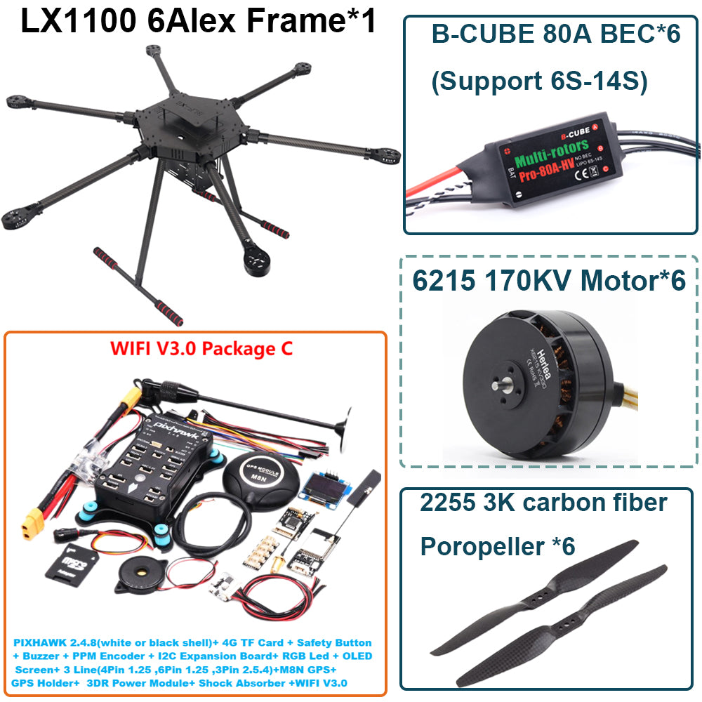 LX1100 Pixhawk 2.4.8 M8N Flight Control Set Full Carbon Fiber 1100mm Hexa-Rotor Frame B-CUBE 80A ESC PX4 6215 Motor
