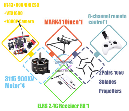 B-CUBE MARK4 V2 8inch 9inch 10inch H743 Flight Control 60A 4INI ESC rack drone FPV carbon fiber PV Racing Drone Quadcopter Freestyle