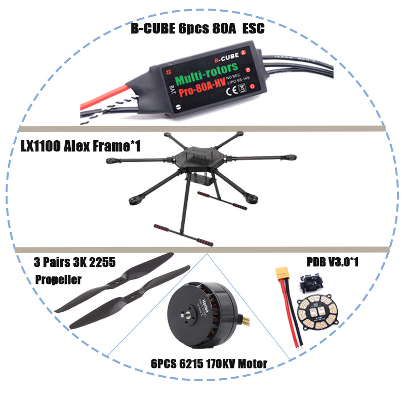 RC LX1100 All Carbon Fiber 1100Mm Six Rotor Frame B-Cube 80A Esc Group 6215 Motor Pixhawk 2.4.8 M8N GPS Flight Control Ardupilot