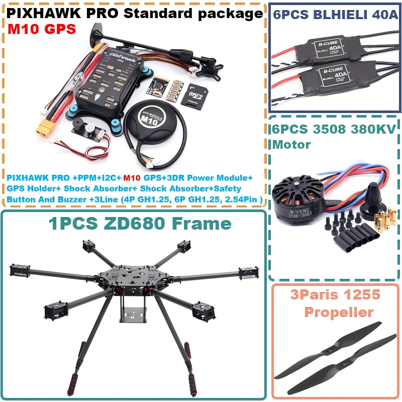 B-CUBE ZD680 PRO M10 Full Carbon Fiber Hexa-Rotor Foldable Arm Hexacopter Frame Kit  PIXHAWK  with Unflodable Landing Gear