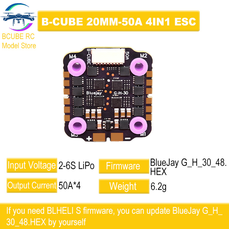 B-CUBE 4IN1 50A 20MM ESC BlueJay Support 3-6S Brushless Motor DShot300 600 Multishot Oneshot PWM FPV F4 Flight Control