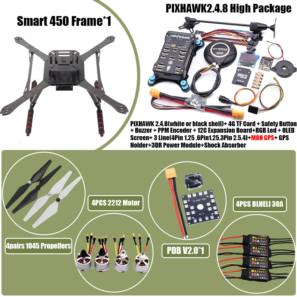 PIXHAWK2.4.8 Flight Control Carbon Fiber Smart450 Frame Kit Ardupilot 100MW Radio Telemetry Quadcopter BLHELI 30A ESC 2212 Motor