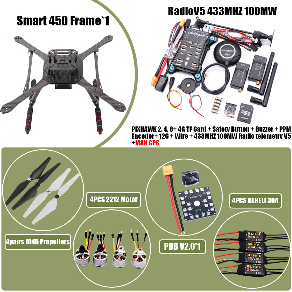 PIXHAWK2.4.8 Flight Control Carbon Fiber Smart450 Frame Kit Ardupilot 100MW Radio Telemetry Quadcopter BLHELI 30A ESC 2212 Motor