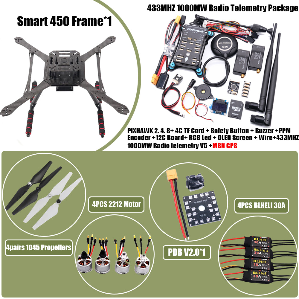 PIXHAWK2.4.8 Flight Control Carbon Fiber Smart450 Frame Kit Ardupilot 100MW Radio Telemetry Quadcopter BLHELI 30A ESC 2212 Motor