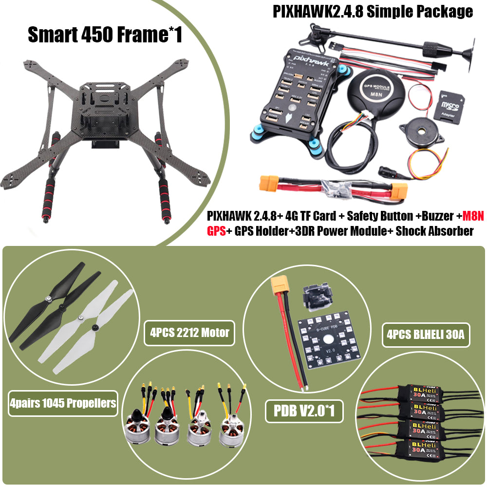 PIXHAWK2.4.8 Flight Control Carbon Fiber Smart450 Frame Kit Ardupilot 100MW Radio Telemetry Quadcopter BLHELI 30A ESC 2212 Motor