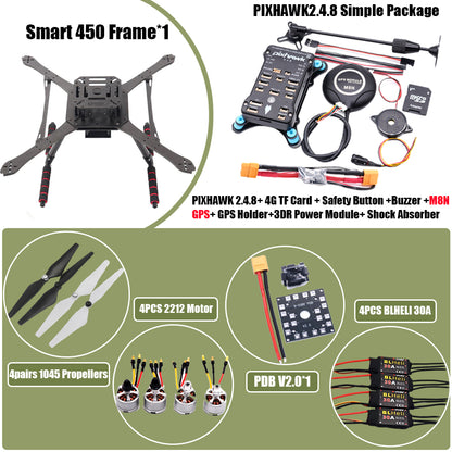 PIXHAWK2.4.8 Flight Control Carbon Fiber Smart450 Frame Kit Ardupilot 100MW Radio Telemetry Quadcopter BLHELI 30A ESC 2212 Motor