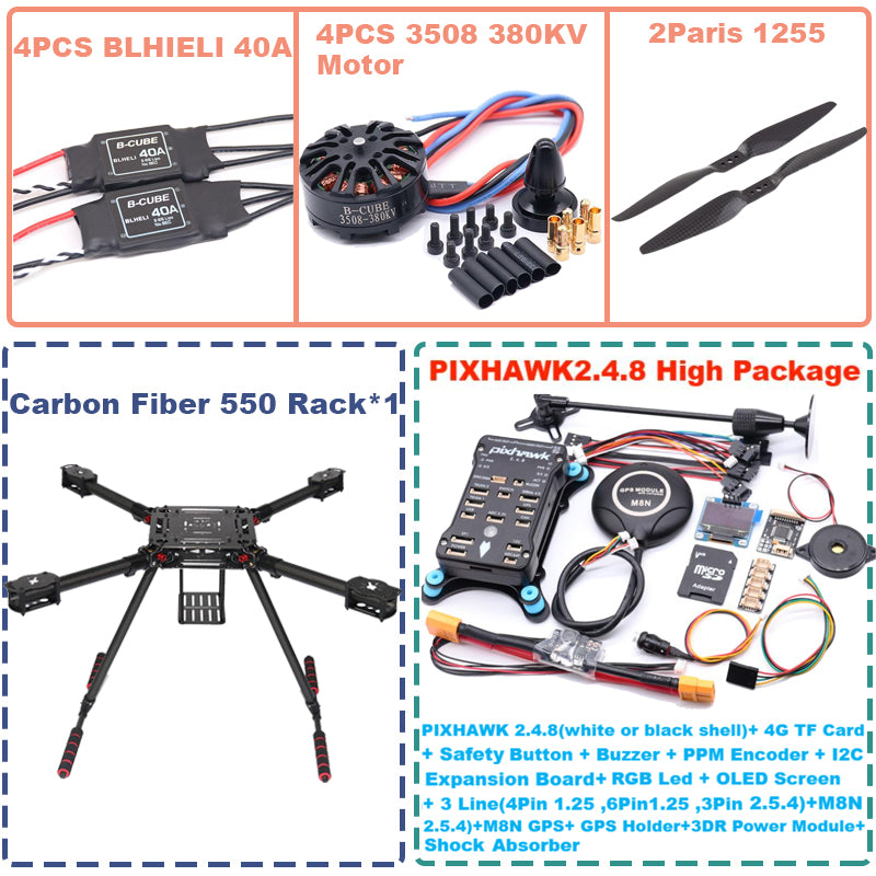 B-CUBE 550 Hexa Frame PIXHAWK2.4.8 M8N Flight Control Carbon Ardupilot Radio Telemetry Quadcopter BLHELI 40A 3508 380KV Motor ESC