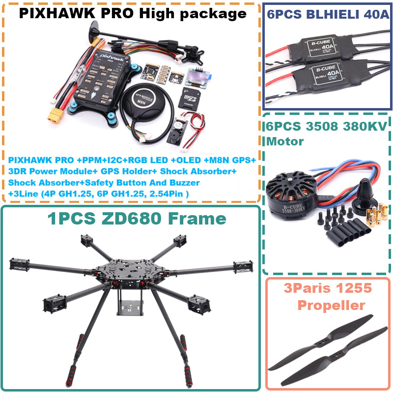 B-CUBE ZD680 PRO M8N Full Carbon Fiber Hexa-Rotor Foldable Arm Hexacopter Frame Kit  PIXHAWK with Unflodable Landing Gear