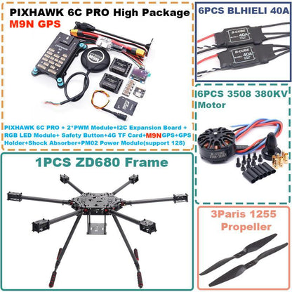 Комплект рамы гексакоптера B-CUBE ZD680 6C PRO M9N из углеродного волокна с шестироторной складной стрелой PIXHAWK с нетопляемым шасси 