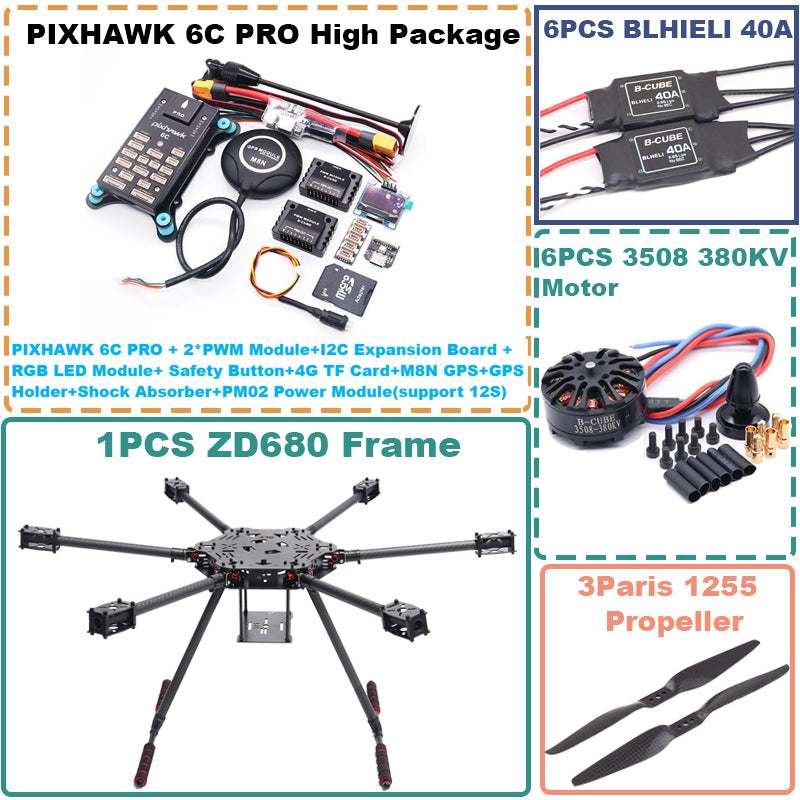 B-CUBE ZD680 6C PRO M8N Full Carbon Fiber Hexa-Rotor Foldable Arm Hexacopter Frame Kit PIXHAWK   with Unflodable Landing Gear