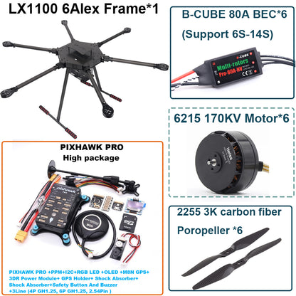 LX1100  PRO M8N Full Carbon Fiber 1100mm Hexa-Rotor Frame B-CUBE 80A ESC PX4 Pixhawk Flight Control Set 6215 Motor