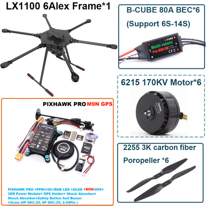 LX1100 PRO M9N Full Carbon Fiber 1100mm Hexa-Rotor Frame B-CUBE 80A ESC PX4 Pixhawk Flight Control Set 6215 Motor