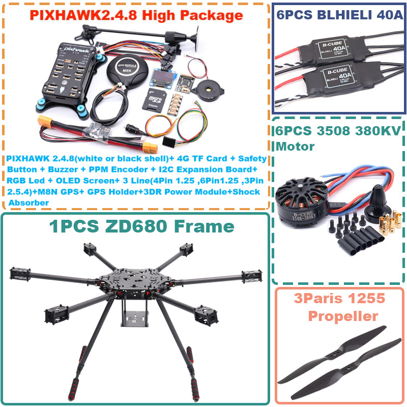 B-CUBE ZD680  PIXHAWK 2.4.8 Full Carbon Fiber Hexa-Rotor Foldable Arm Hexacopter Frame Kit forCopter with Unflodable Landing Gear