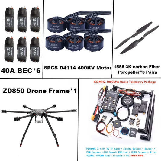 ZD850 Full Carbon Fiber 850mm Hexa-Rotor Frame BLHELI 40A ESC Pixhawk 6C PRO 2.4.8  Flight Comtrol Rado Telemetry V5 Set