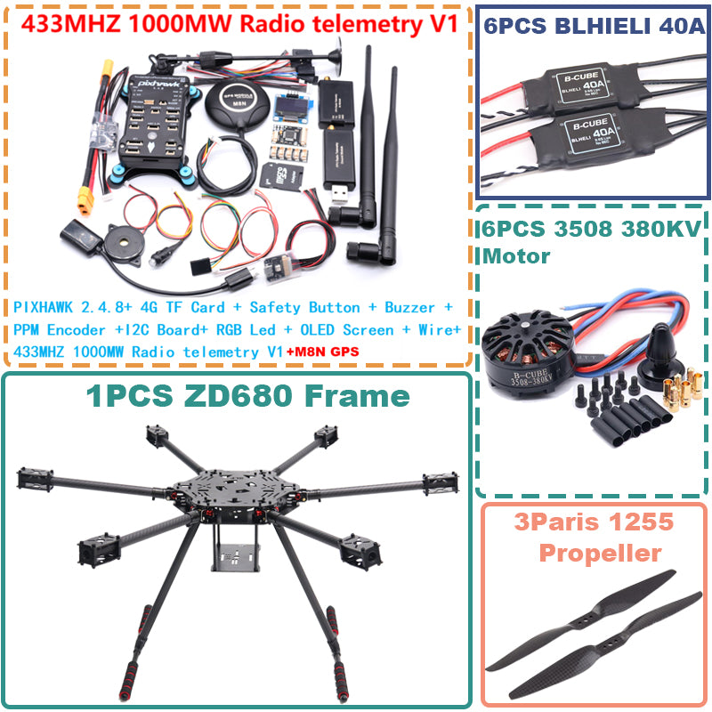 B-CUBE ZD680  PIXHAWK 2.4.8 Full Carbon Fiber Hexa-Rotor Foldable Arm Hexacopter Frame Kit forCopter with Unflodable Landing Gear