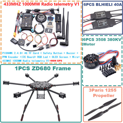 B-CUBE ZD680  PIXHAWK 2.4.8 Full Carbon Fiber Hexa-Rotor Foldable Arm Hexacopter Frame Kit forCopter with Unflodable Landing Gear