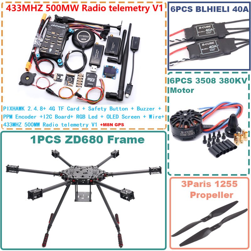 B-CUBE ZD680  PIXHAWK 2.4.8 Full Carbon Fiber Hexa-Rotor Foldable Arm Hexacopter Frame Kit forCopter with Unflodable Landing Gear