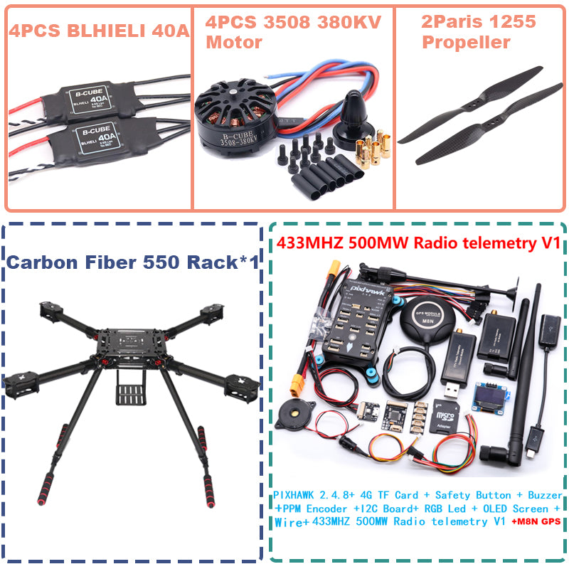 B-CUBE 550 Hexa Frame PIXHAWK2.4.8 M8N Flight Control Carbon Ardupilot Radio Telemetry Quadcopter BLHELI 40A 3508 380KV Motor ESC