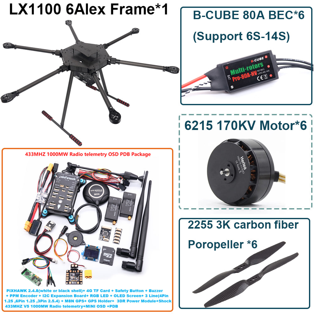 LX1100 Pixhawk 2.4.8 M8N  Flight Control Set  Full Carbon Fiber 1100mm Hexa-Rotor Frame B-CUBE 80A ESC PX4 6215 Motor
