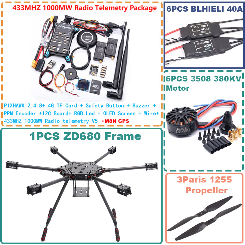 B-CUBE ZD680 Full Carbon Fiber Hexa-Rotor Foldable Arm Hexacopter Frame Kit for PIXHAWK 2.4.8 Radio with Unflodable Landing Gear