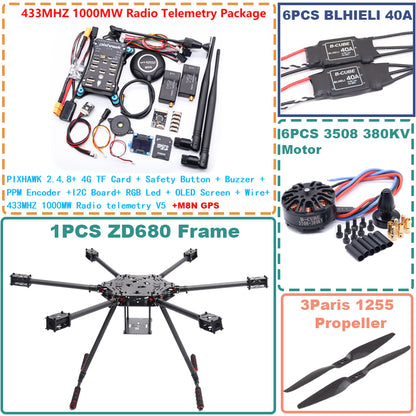 B-CUBE ZD680 Full Carbon Fiber Hexa-Rotor Foldable Arm Hexacopter Frame Kit for PIXHAWK 2.4.8 Radio with Unflodable Landing Gear