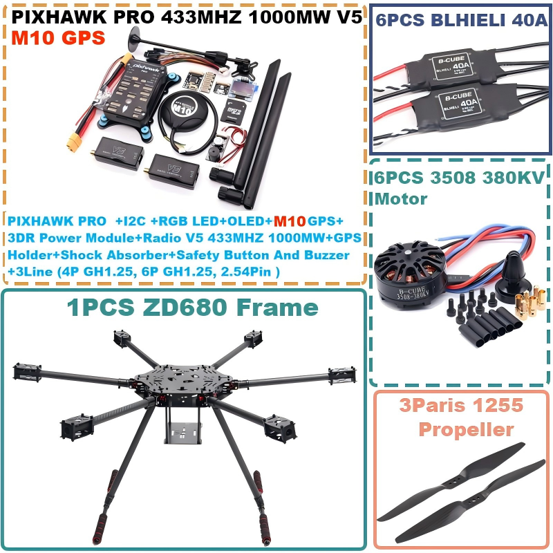B-CUBE ZD680 PRO M10 Full Carbon Fiber Hexa-Rotor Foldable Arm Hexacopter Frame Kit  PIXHAWK  with Unflodable Landing Gear