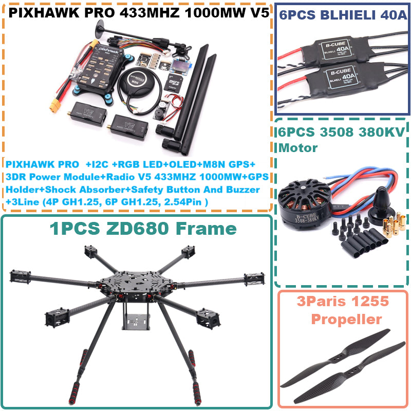 B-CUBE ZD680 PRO M8N Full Carbon Fiber Hexa-Rotor Foldable Arm Hexacopter Frame Kit  PIXHAWK with Unflodable Landing Gear