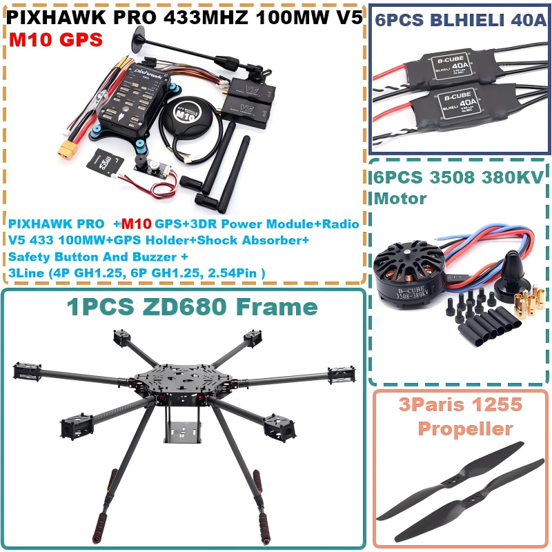 B-CUBE ZD680 PRO M10 Full Carbon Fiber Hexa-Rotor Foldable Arm Hexacopter Frame Kit  PIXHAWK  with Unflodable Landing Gear