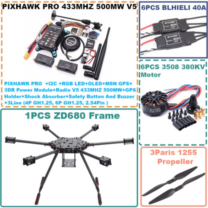 B-CUBE ZD680 PRO M8N Full Carbon Fiber Hexa-Rotor Foldable Arm Hexacopter Frame Kit  PIXHAWK with Unflodable Landing Gear