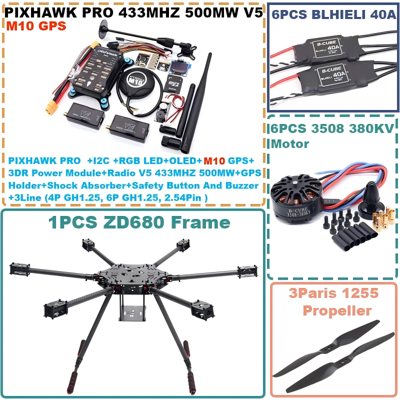 B-CUBE ZD680 PRO M10 Full Carbon Fiber Hexa-Rotor Foldable Arm Hexacopter Frame Kit  PIXHAWK  with Unflodable Landing Gear