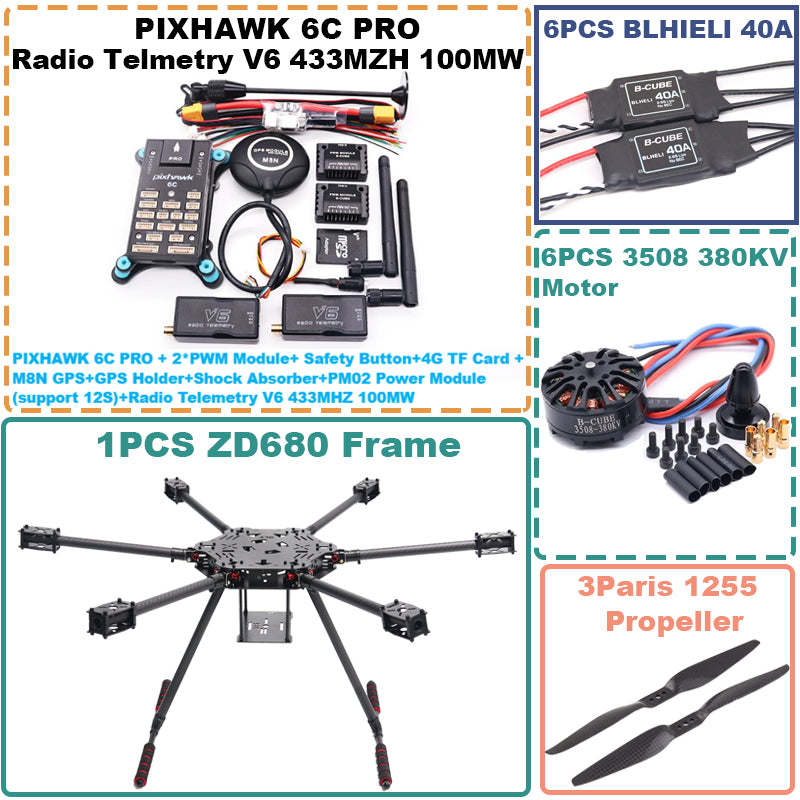 B-CUBE ZD680 6C PRO M8N Full Carbon Fiber Hexa-Rotor Foldable Arm Hexacopter Frame Kit PIXHAWK   with Unflodable Landing Gear