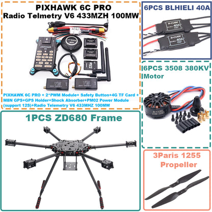 B-CUBE ZD680 6C PRO M8N Full Carbon Fiber Hexa-Rotor Foldable Arm Hexacopter Frame Kit PIXHAWK   with Unflodable Landing Gear