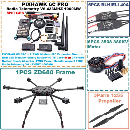 B-CUBE ZD680 6C PRO M10 Full Carbon Fiber Hexa-Rotor Foldable Arm Hexacopter Frame Kit  PIXHAWK  with Unflodable Landing Gear