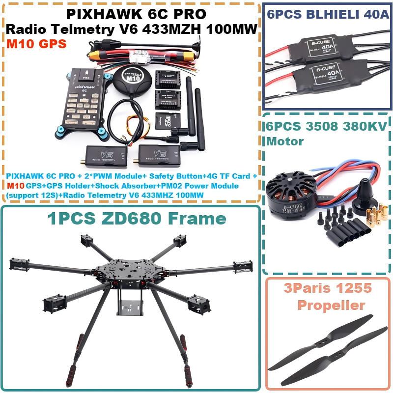 B-CUBE ZD680 6C PRO M10 Full Carbon Fiber Hexa-Rotor Foldable Arm Hexacopter Frame Kit  PIXHAWK  with Unflodable Landing Gear
