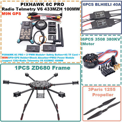 Комплект рамы гексакоптера B-CUBE ZD680 6C PRO M9N из углеродного волокна с шестироторной складной стрелой PIXHAWK с нетопляемым шасси 