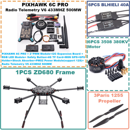 B-CUBE ZD680 6C PRO M8N Full Carbon Fiber Hexa-Rotor Foldable Arm Hexacopter Frame Kit PIXHAWK   with Unflodable Landing Gear
