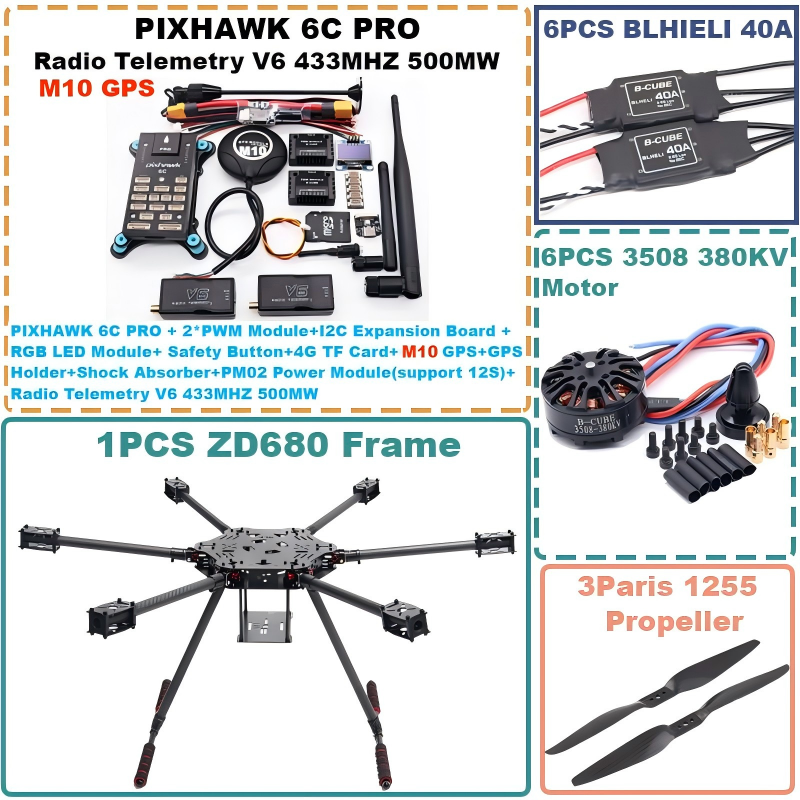 B-CUBE ZD680 6C PRO M10 Full Carbon Fiber Hexa-Rotor Foldable Arm Hexacopter Frame Kit  PIXHAWK  with Unflodable Landing Gear